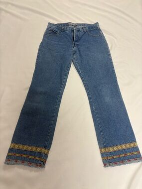 Blue Embroidered Hem Wide Leg Jeans